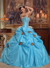 Teal Ball Gown Strapless Floor-length Taffeta Beading and 3D Flower Quinceanera Dress