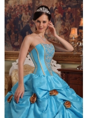 Teal Ball Gown Strapless Floor-length Taffeta Beading and 3D Flower Quinceanera Dress