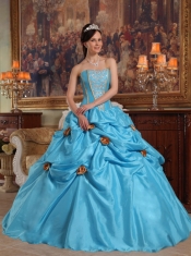 Teal Ball Gown Strapless Floor-length Taffeta Beading and 3D Flower Quinceanera Dress