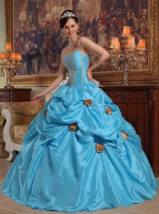 Teal Ball Gown Strapless Floor-length Taffeta Beading and 3D Flower Quinceanera Dress