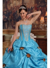 Teal Ball Gown Strapless Floor-length Taffeta Beading and 3D Flower Quinceanera Dress