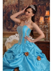 Teal Ball Gown Strapless Floor-length Taffeta Beading and 3D Flower Quinceanera Dress