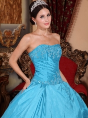 Teal Ball Gown Strapless Floor-length Taffeta Beading Quinceanera Dress