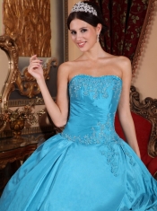 Teal Ball Gown Strapless Floor-length Taffeta Beading Quinceanera Dress