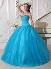 Teal Ball Gown Strapless Floor-length Tulle Beading and Ruch Quinceanera Dress