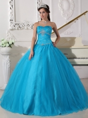 Teal Ball Gown Strapless Floor-length Tulle Beading and Ruch Quinceanera Dress