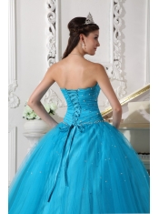 Teal Ball Gown Strapless Floor-length Tulle Beading and Ruch Quinceanera Dress