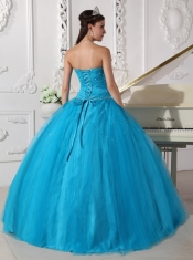 Teal Ball Gown Strapless Floor-length Tulle Beading and Ruch Quinceanera Dress
