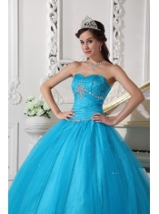 Teal Ball Gown Strapless Floor-length Tulle Beading and Ruch Quinceanera Dress