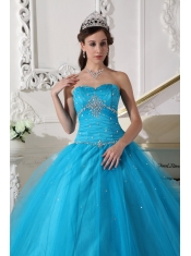 Teal Ball Gown Strapless Floor-length Tulle Beading and Ruch Quinceanera Dress