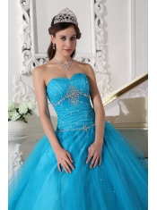 Teal Ball Gown Strapless Floor-length Tulle Beading and Ruch Quinceanera Dress