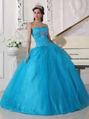 Teal Ball Gown Strapless Floor-length Tulle Beading and Ruch Quinceanera Dress