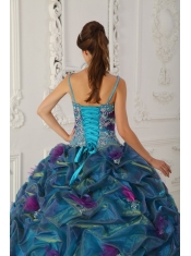 In Stock Teal Straps Chapel Train Quinceanera Dress Muti Colored Organza Ball Gown