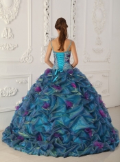 In Stock Teal Straps Chapel Train Quinceanera Dress Muti Colored Organza Ball Gown