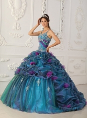 In Stock Teal Straps Chapel Train Quinceanera Dress Muti Colored Organza Ball Gown