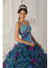 In Stock Teal Straps Chapel Train Quinceanera Dress Muti Colored Organza Ball Gown