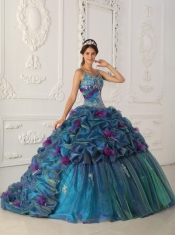 In Stock Teal Straps Chapel Train Quinceanera Dress Muti Colored Organza Ball Gown