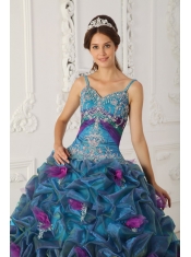 In Stock Teal Straps Chapel Train Quinceanera Dress Muti Colored Organza Ball Gown