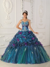 In Stock Teal Straps Chapel Train Quinceanera Dress Muti Colored Organza Ball Gown