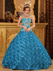 Teal Ball Gown Sweetheart Floor-length Fabric with Rolling Flowers Appliques Quinceanera Dress