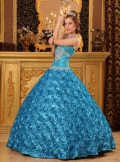 Teal Ball Gown Sweetheart Floor-length Fabric with Rolling Flowers Appliques Quinceanera Dress