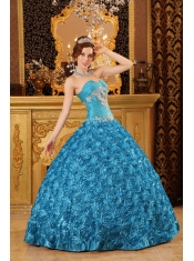 Teal Ball Gown Sweetheart Floor-length Fabric with Rolling Flowers Appliques Quinceanera Dress