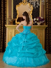 Teal Ball Gown Sweetheart Floor-length Organza Appliques Sweet 16 Dress