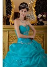 Teal Ball Gown Sweetheart Floor-length Organza Appliques Sweet 16 Dress