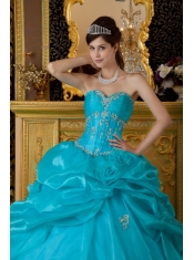 Teal Ball Gown Sweetheart Floor-length Organza Appliques Sweet 16 Dress