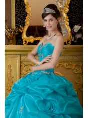 Teal Ball Gown Sweetheart Floor-length Organza Appliques Sweet 16 Dress