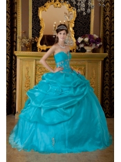 Teal Ball Gown Sweetheart Floor-length Organza Appliques Sweet 16 Dress