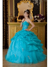 Teal Ball Gown Sweetheart Floor-length Organza Appliques Sweet 16 Dress