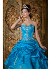Teal Ball Gown Sweetheart Floor-length Taffeta Appliques Quinceanera Dress