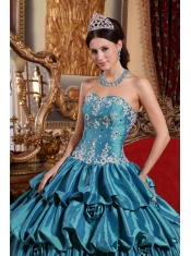 Teal Ball Gown Sweetheart Floor-length Taffeta Appliques Quinceanera Dress