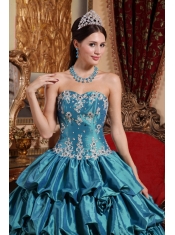 Teal Ball Gown Sweetheart Floor-length Taffeta Appliques Quinceanera Dress