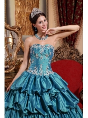 Teal Ball Gown Sweetheart Floor-length Taffeta Appliques Quinceanera Dress
