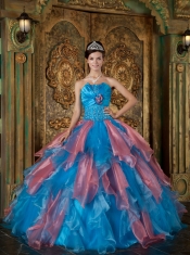 Turquoise and Peach Ruffles Strapless Organza Ball Gown Beading Quinceanera Dress