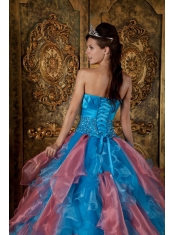 Turquoise and Peach Ruffles Strapless Organza Ball Gown Beading Quinceanera Dress