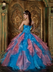 Turquoise and Peach Ruffles Strapless Organza Ball Gown Beading Quinceanera Dress
