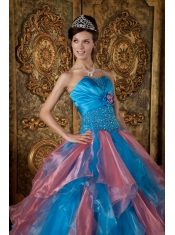 Turquoise and Peach Ruffles Strapless Organza Ball Gown Beading Quinceanera Dress