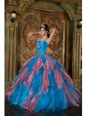 Turquoise and Peach Ruffles Strapless Organza Ball Gown Beading Quinceanera Dress