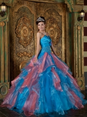 Turquoise and Peach Ruffles Strapless Organza Ball Gown Beading Quinceanera Dress