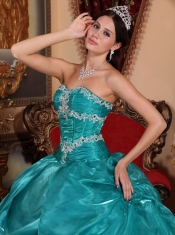 Turquoise Ball Gown Strapless Floor-length Organza Appliques Quinceanera Dress