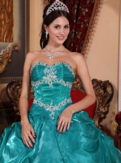 Turquoise Ball Gown Strapless Floor-length Organza Appliques Quinceanera Dress