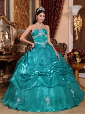 Turquoise Ball Gown Strapless Floor-length Organza Appliques Quinceanera Dress