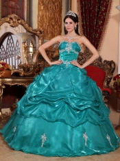 Turquoise Ball Gown Strapless Floor-length Organza Appliques Quinceanera Dress