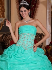 Turquoise Ball Gown Strapless Floor-length Organza Appliques  Quinceanera Dress