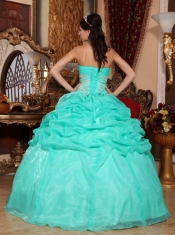 Turquoise Ball Gown Strapless Floor-length Organza Appliques  Quinceanera Dress