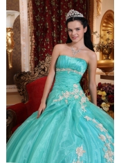 Turquoise Ball Gown Strapless Floor-length Organza Appliques Sweet 16 Dress