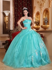 Turquoise Ball Gown Strapless Floor-length Organza Appliques Sweet 16 Dress
